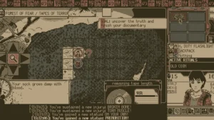 Monochrome Spielszene aus WORLD OF HORROR mit Wald-Erkundung, Filmaufnahmen und Makotos Statusanzeige.