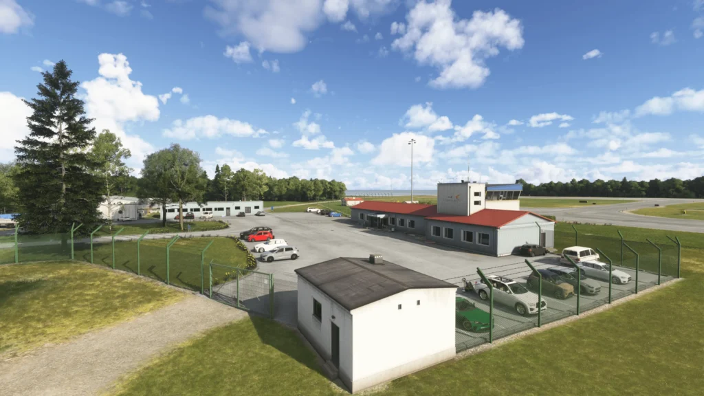 View of Kärdla Airport with buildings and apron in Microsoft Flight Simulator.