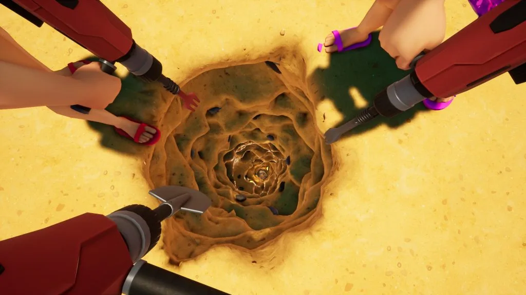 Drei Grabwerkzeuge ragen über eine tiefe Sandgrube – offizieller Spielbildschirm aus A Game About Digging A Hole Together.