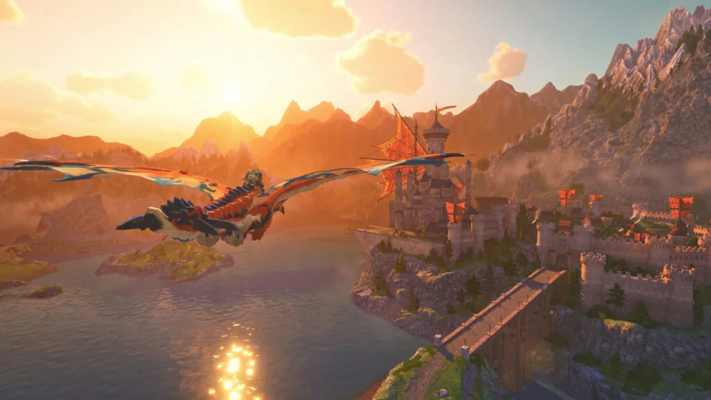 Rider flies over the game world on a Rathalos.