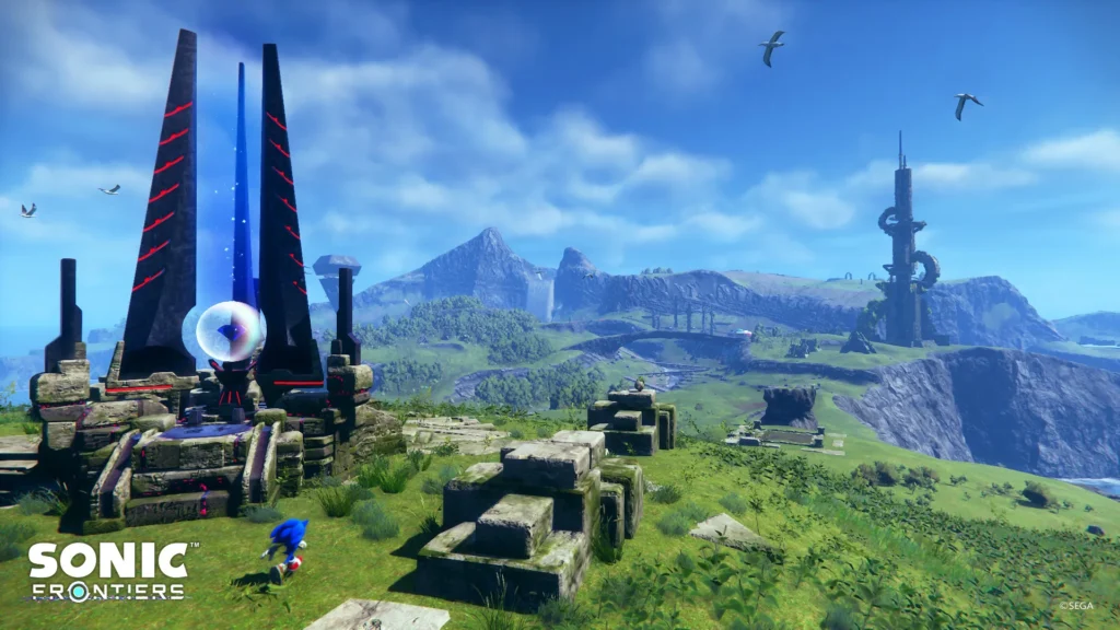 Sonic vor den grasbewachsenen Ruinen und dem Meer der Starfall Islands