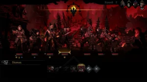 Rundenkampf einer vierköpfigen Heldengruppe gegen Gegner in der Sprawl von Darkest Dungeon II.