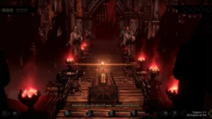 Die Kutsche in Darkest Dungeon II fährt durch die brennende Sprawl, vorbei an Statuen und Feuern.