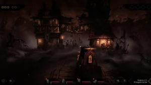 Die Kutsche fährt in Darkest Dungeon II durch eine verfallene Siedlung der Region Foetor.