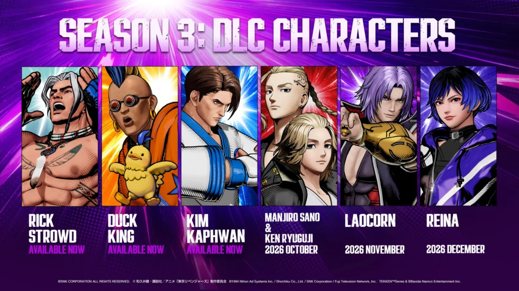 Official SNK overview of seven fighters from the third DLC season, including Reina from Tekken 8