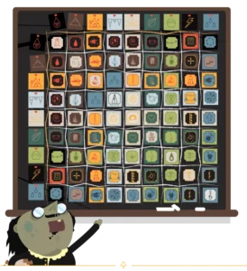 Übersicht von Perfect Random über kombinierbare Waffenverzauberungen mit farbigen Symbolen in einer Matrix.