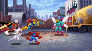 Offizielle Gameplay-Szene aus MARVEL Cosmic Invasion mit Comic-Pixelgrafik.