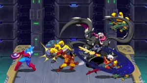 Offizielle Gameplay-Szene aus MARVEL Cosmic Invasion mit Comic-Pixelgrafik.