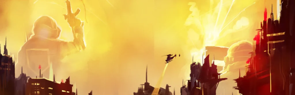 Gelb-orange Konzeptillustration von Gods With Badges mit bewaffneten Einsatzkräften über einer dystopischen Skyline