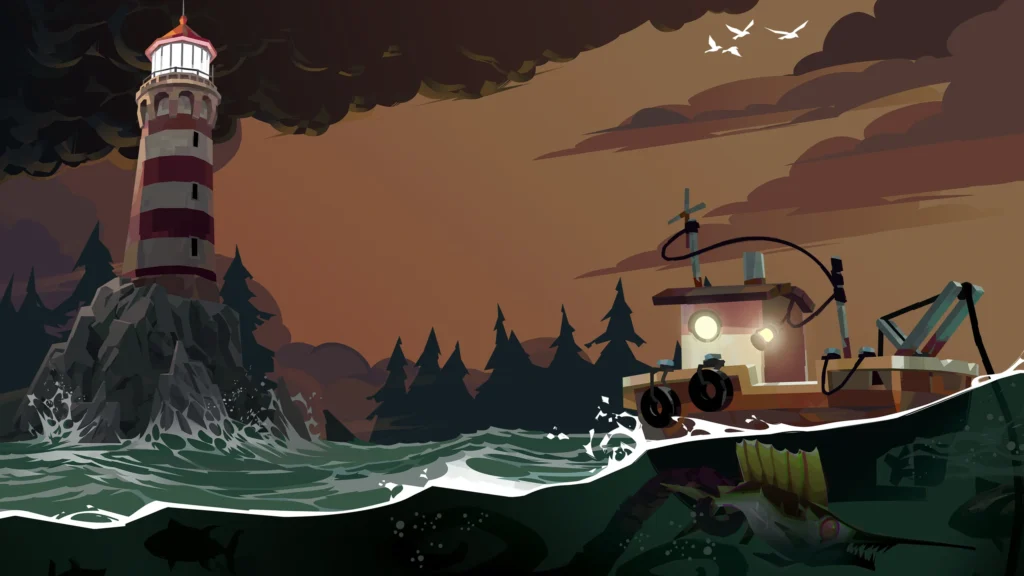 Dunkle Küstenlandschaft aus dem offiziellen DREDGE-Key-Art mit Fischerboot auf dem Wasser.