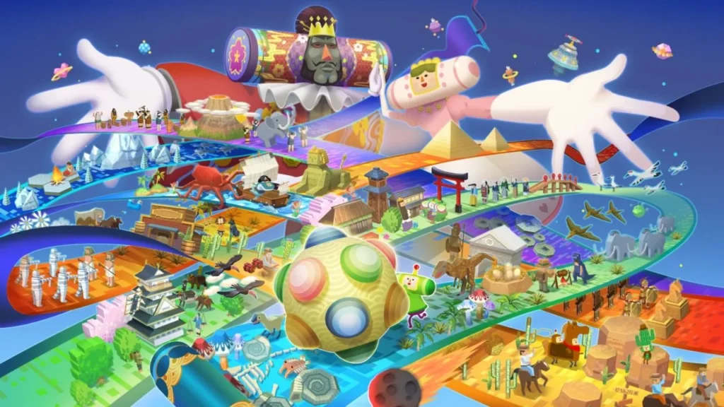 Katamari-Welt mit Prinz, König des Kosmos und unterschiedlich gestalteten Epochenlandschaften.