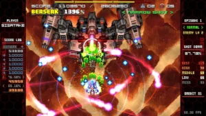 Pixel-Art-Kampfszene von DEVIL BLADE REBOOT: der Spielerjäger attackiert einen großen mechanischen Boss inmitten leuchtender Projektile; die Berserk-Anzeige ist sichtbar.