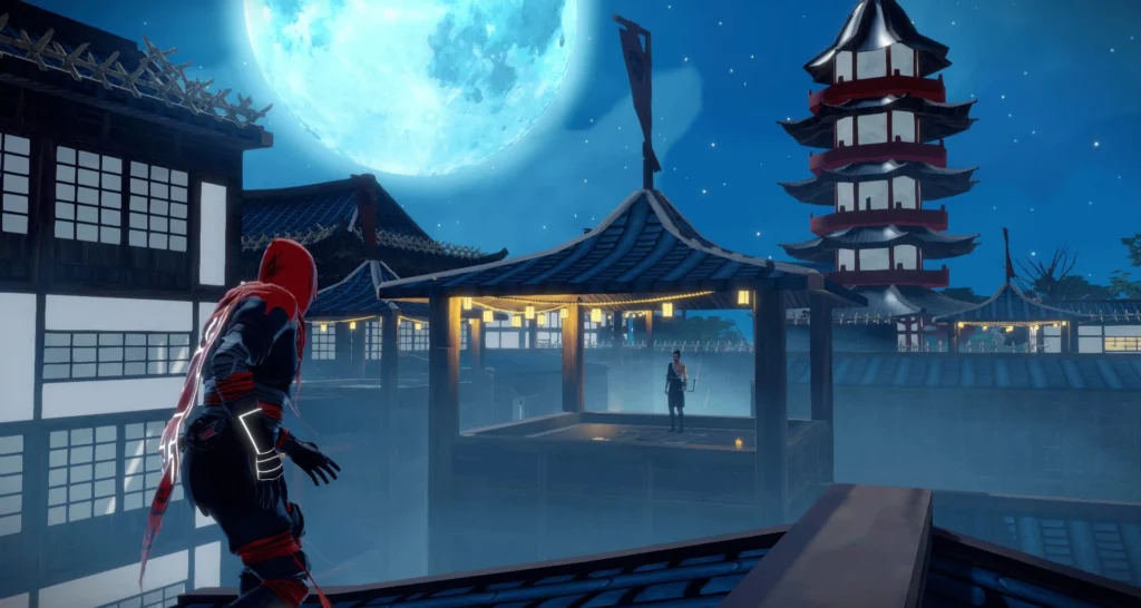 Aragami lauert mit rotem Umhang auf einem Dach über einer mondbeschienenen Stadt mit Pagode.