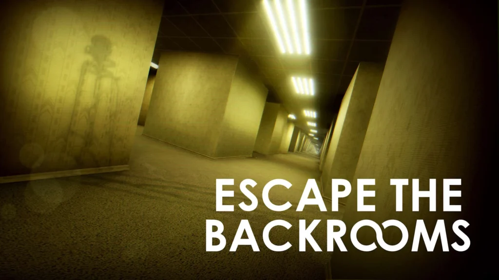 Gelbliche, scheinbar endlose Backrooms-Flure mit dem Schriftzug Escape the Backrooms.