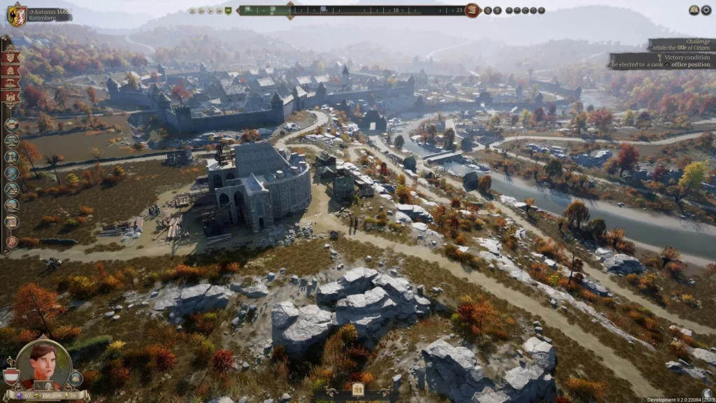Stadtansicht in The Guild 1 Remake: Europa 1410 mit mittelalterlichen Gebäuden und der Benutzeroberfläche.