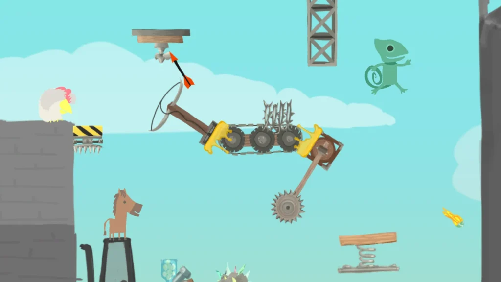 Im offiziellen Screenshot platzieren Tierfiguren Fallen in einem gemeinsam gebauten Hindernisparcours.