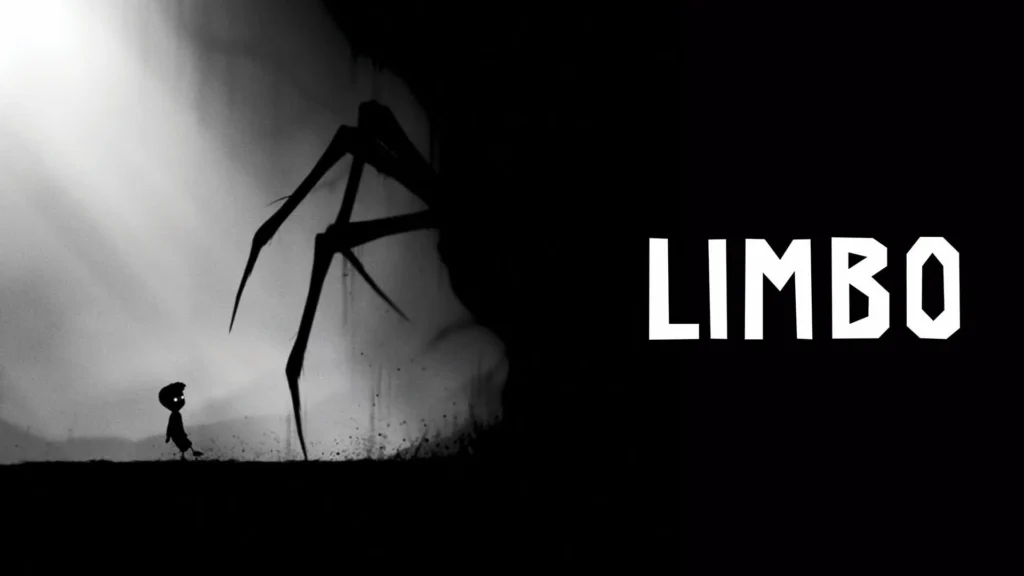 Schwarz-weiße Spielszene aus LIMBO mit dem Jungen in einer düsteren Umgebung