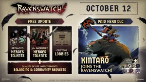 Offizielle Ravenswatch-Grafik zum Kintarō-DLC mit der neuen Spielfigur auf dem Bären Kuma und den wichtigsten Inhalten des kostenlosen Updates.