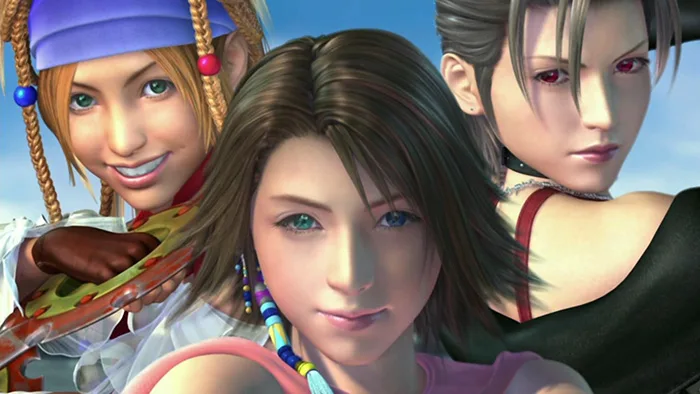 Die Final-Fantasy-X-2-Hauptfiguren Rikku, Yuna und Paine in einer offiziellen Spielszene