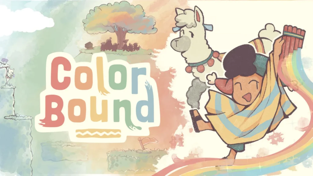 Colorbound Titelbild mit dem Schriftzug und der Spielfigur Anku, die bunte Farbbahnen trägt.