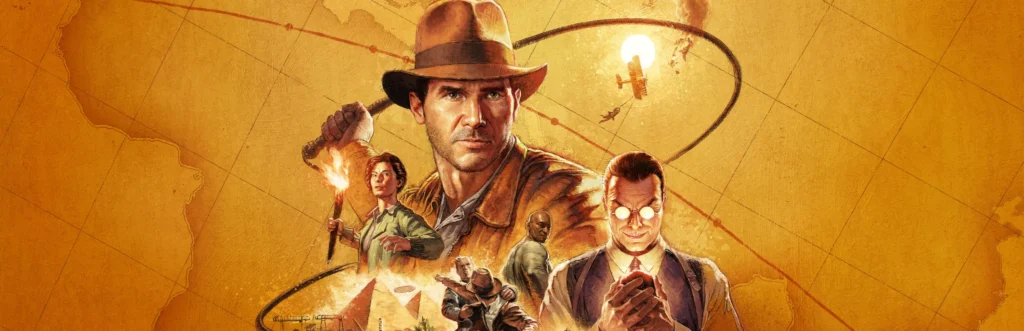 Indiana Jones in der offiziellen breiten Steam-Key-Art zum Abenteuer Der Große Kreis.