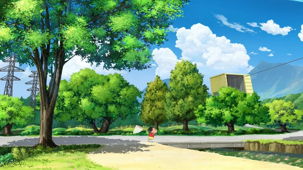 Shinnosuke läuft mit einem Kescher durch die grüne Landschaft von Assou in Shin chan: Me and the Professor on Summer Vacation.