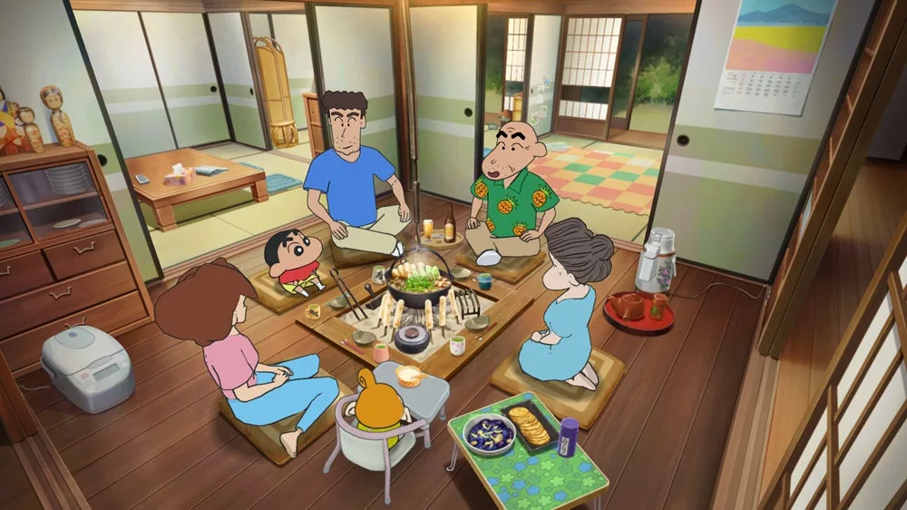 The Nohara family sits at the dining table in a Japanese house.