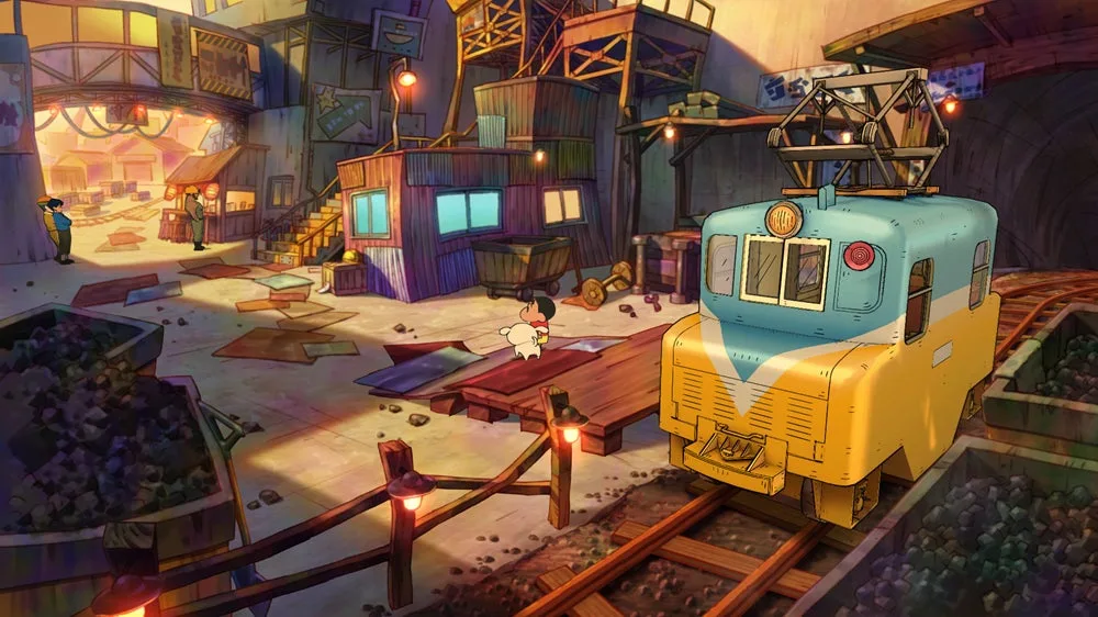 Shinnosuke und sein Hund Shiro stehen neben einer gelben Lore in einer von Bahngleisen durchzogenen Kohlenstadt.