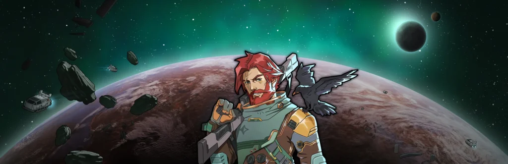 Gezeichneter Raumfahrer mit rotem Haar und schwarzem Vogel vor dem Planeten aus RimWorld.