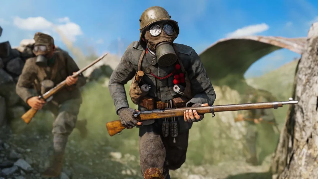 Soldaten in Gasmasken mit Gewehren vor einem Befestigungsbogen in Isonzo