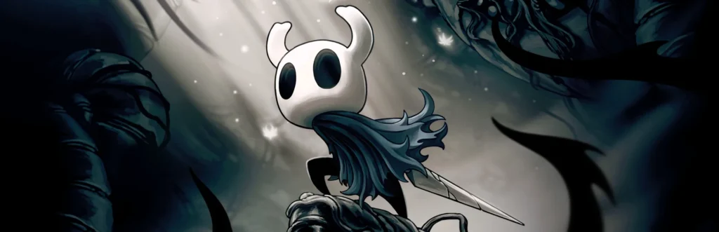 Der weiß maskierte Ritter aus Hollow Knight blickt über eine dunkle Landschaft des Königreichs Hallownest.