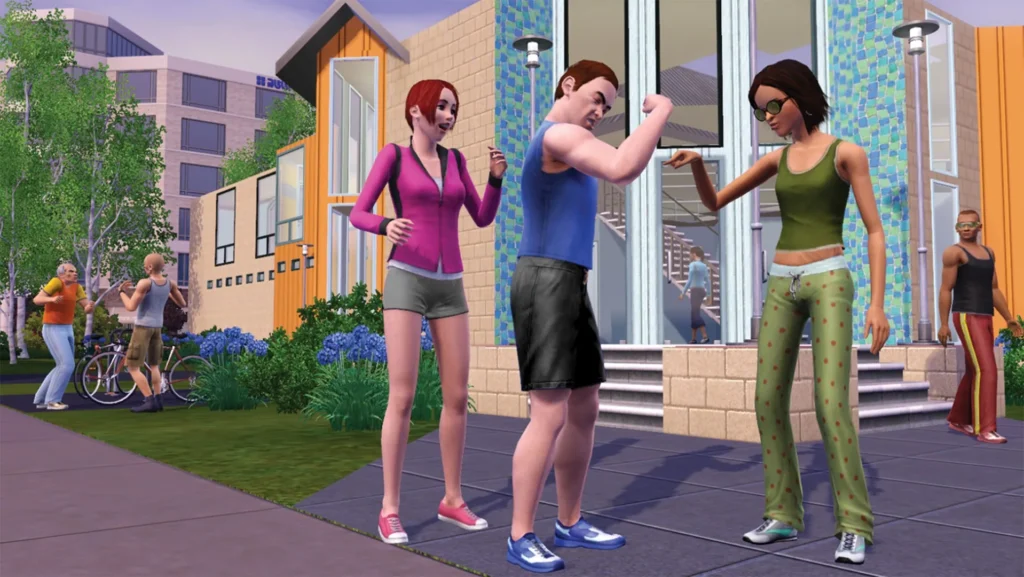 Eine belebte Nachbarschaft aus Die Sims 3 mit Häusern, Pflanzen und mehreren Sims.