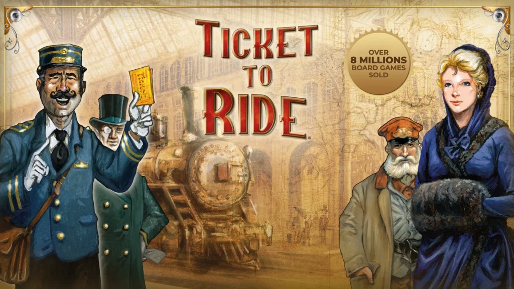 Klassisches Ticket-to-Ride-Motiv mit Eisenbahnern, Dampflok und Reisenden vor einem Streckennetz.