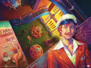 Bunt gezeichnete Stadt und Figur mit Feuerwehrhelm im Motiv des Rollenspiels Red Rooster.