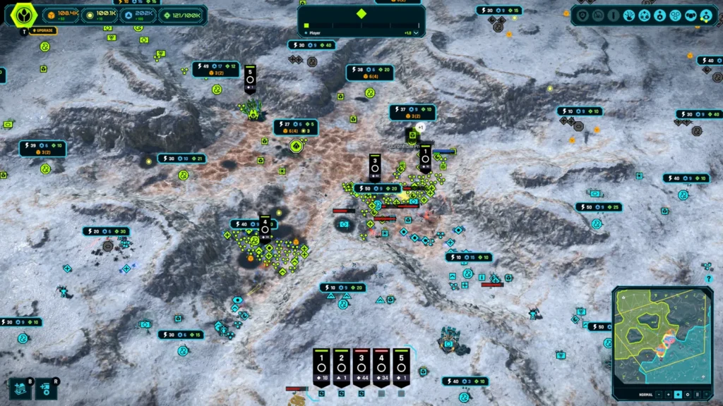 Strategiekarte von Ashes of the Singularity II mit markierten Armeen auf einem verschneiten Schlachtfeld.