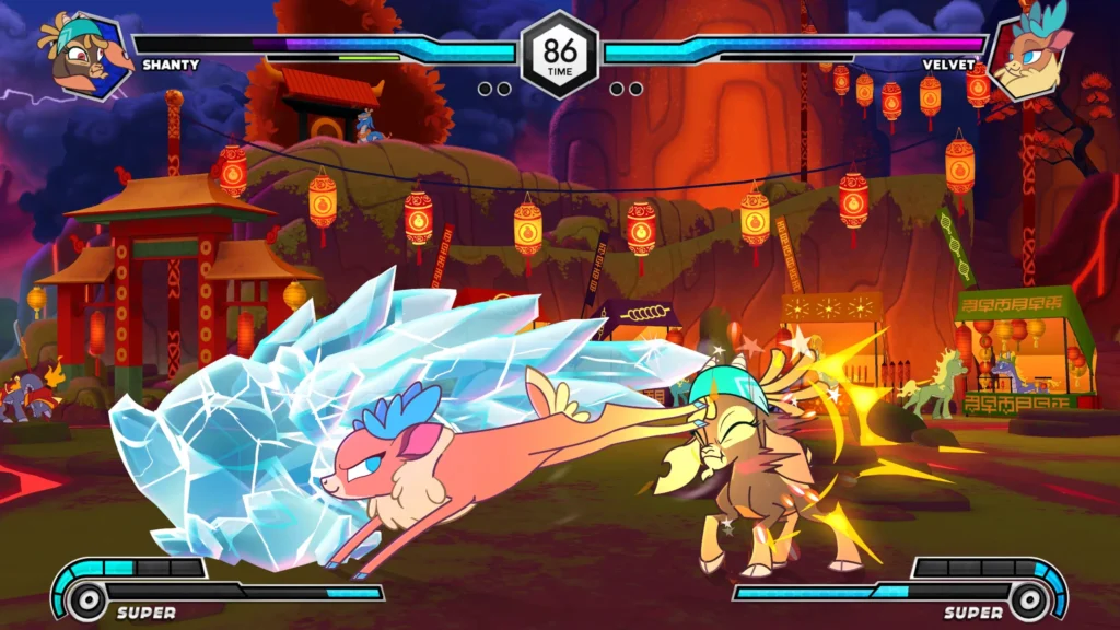 Zwei Figuren aus Them's Fightin' Herds kämpfen in einer beleuchteten Arena, ein großer Eisangriff dominiert den Vordergrund.
