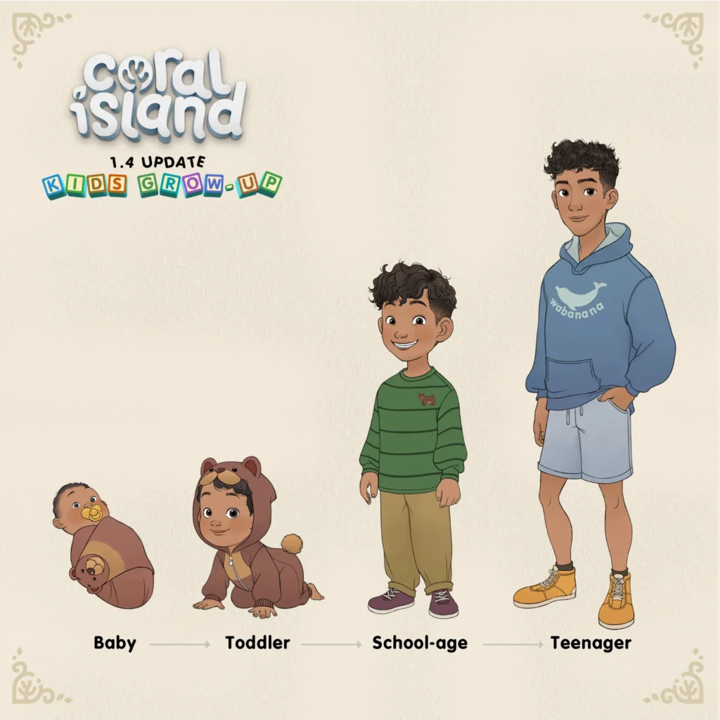 Official image for the Kids Grow Up update with four life stages of children, from baby to teenager.