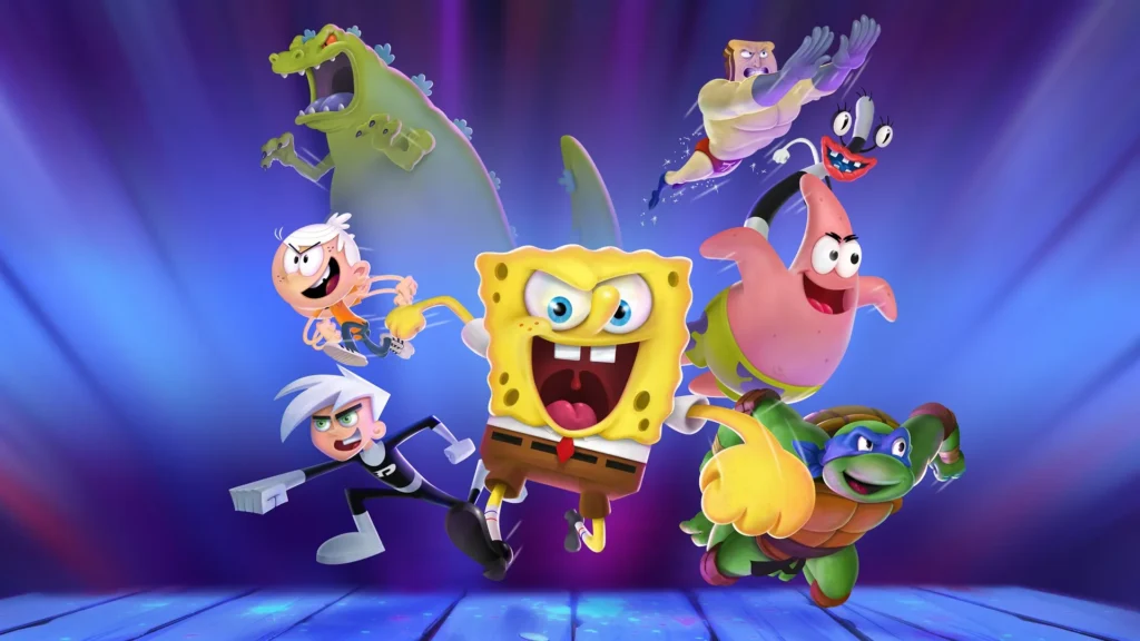SpongeBob, Patrick, Michelangelo, Reptar und weitere Nickelodeon-Figuren stehen auf einer Bühne vor violettem Hintergrund.