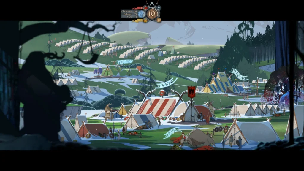 Die ausgedehnte Karawane von The Banner Saga rastet zwischen Zelten und Reisenden in einem weiten Tal.