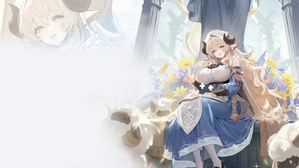 Illustration aus Azur Promilia mit einer jungen Frau in einer fantastischen Landschaft und pelzigen Kreaturen.