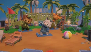 Drei Tierfiguren machen auf Matten Yoga in einem Strand-Diorama mit Palmen.