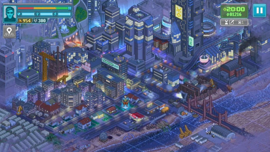 Pixelstadt aus Punch Club 2: Fast Forward mit mehrstöckigen Häusern, Straßen und Industrieanlagen.