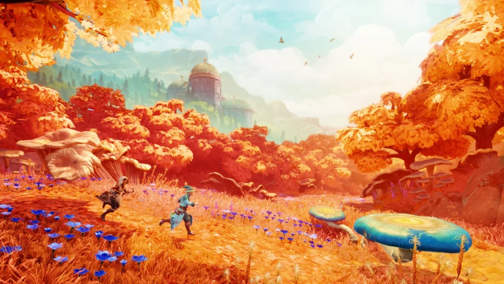 Zwei Helden laufen durch eine orangefarbene Waldlandschaft mit großen Pilzen und Blüten.