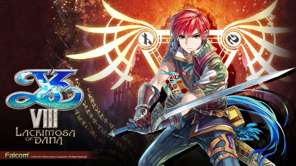 Adol Christin hält sein Schwert vor einem leuchtenden Hintergrund mit dem Schriftzug Ys VIII.