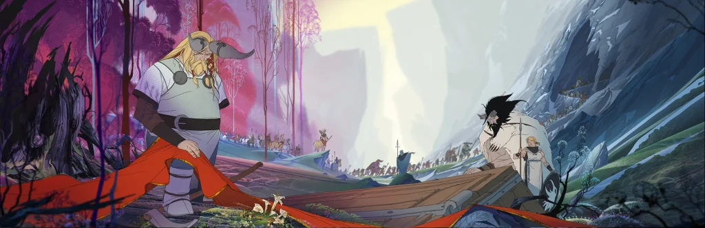 Die gezeichnete Fantasywelt von The Banner Saga 2 mit einer reisenden Karawane.