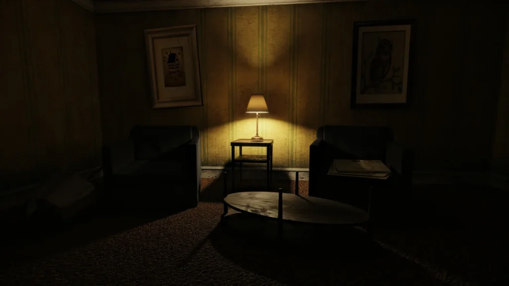 A lamp-lit room with armchairs and a table from Left 4 Dead RTX.
