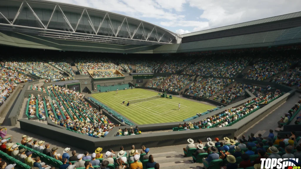 Virtueller Wimbledon-Centre-Court mit Zuschauerrängen und einem Tennismatch in TopSpin 2K25.