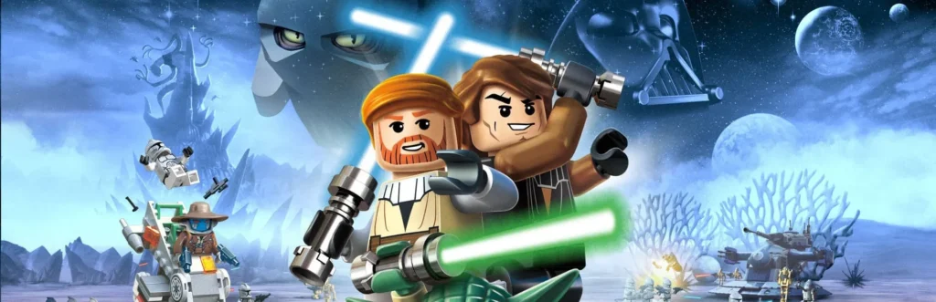 LEGO-Obi-Wan und Anakin mit Lichtschwertern vor einer verschneiten Landschaft und Raumschiffen