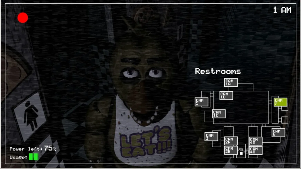 Überwachungskamera zeigt eine Animatronic-Figur und die Karte der Kamerastandorte in Freddy Fazbear’s Pizza.