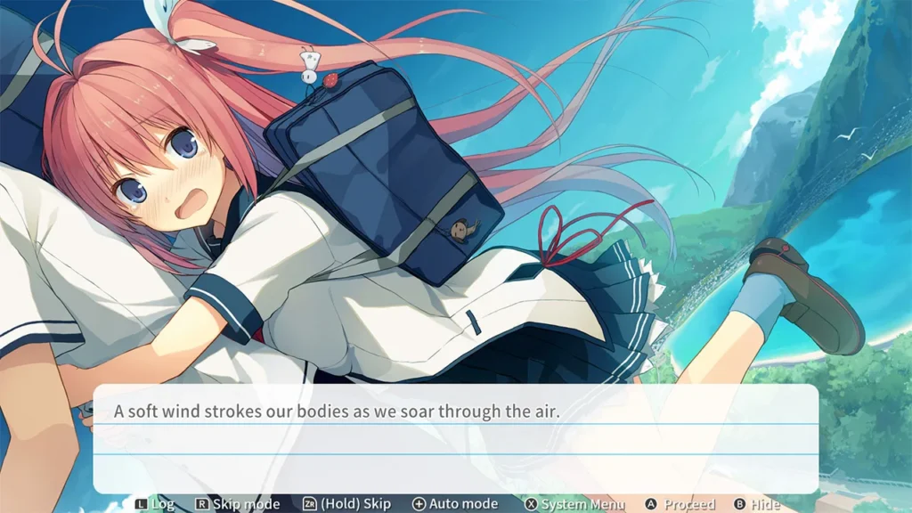Asuka fliegt im Schuluniform mit Antigravitationsschuhen über die Landschaft, während ein Dialogfenster den Spieltext zeigt.